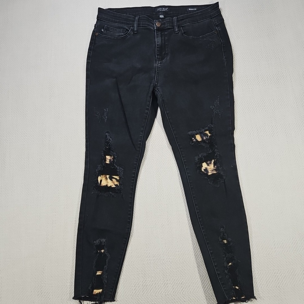 Judy Blue Jeans Womens 13/31‎ Black Skinny Stretch Leopard Patches Denim Pants